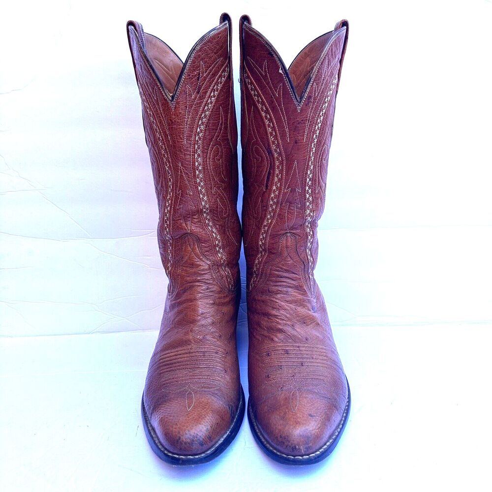 Lucchese Smooth Ostrich Cowboy Western Boot Men's Size 9.5 B Tan Brown Roper Vtg